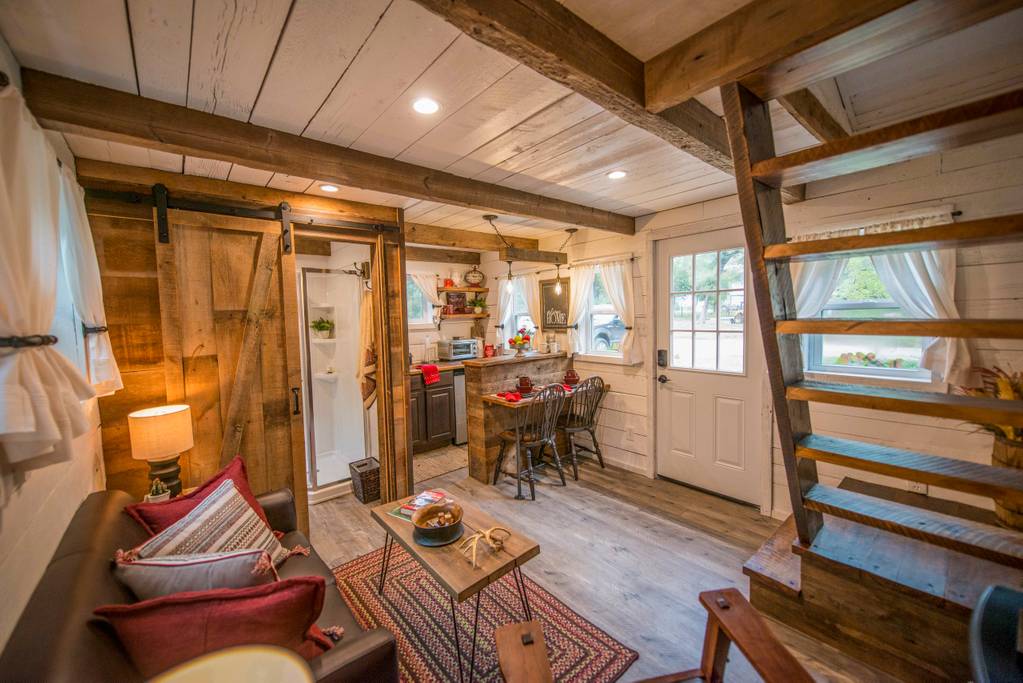 Interior finished out with old barn wood siding and beams.